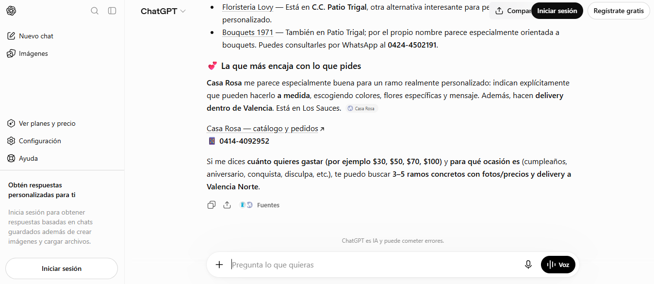 Captura real de ChatGPT recomendando Casa Rosa como floristería en Valencia con delivery